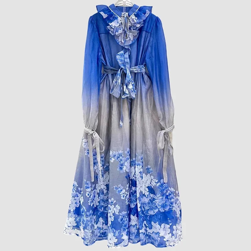 Retro Court Style Long Dress Full Sleeve Floral Print Slimming Waist Ankle Length Skirts Cotton Material Stand Collar Regular