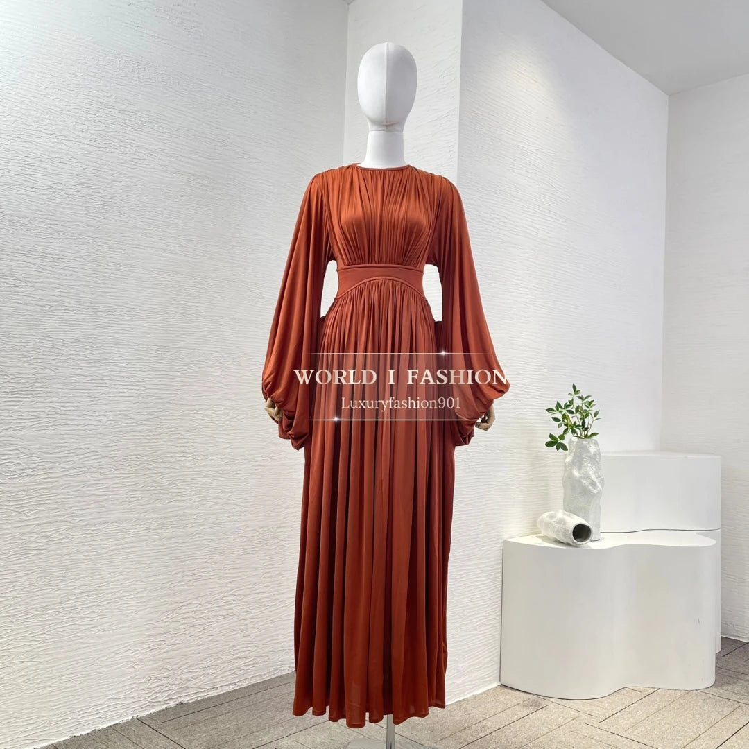 New Fashion Red Long Sleeve O Neck Pleat Midi Dress