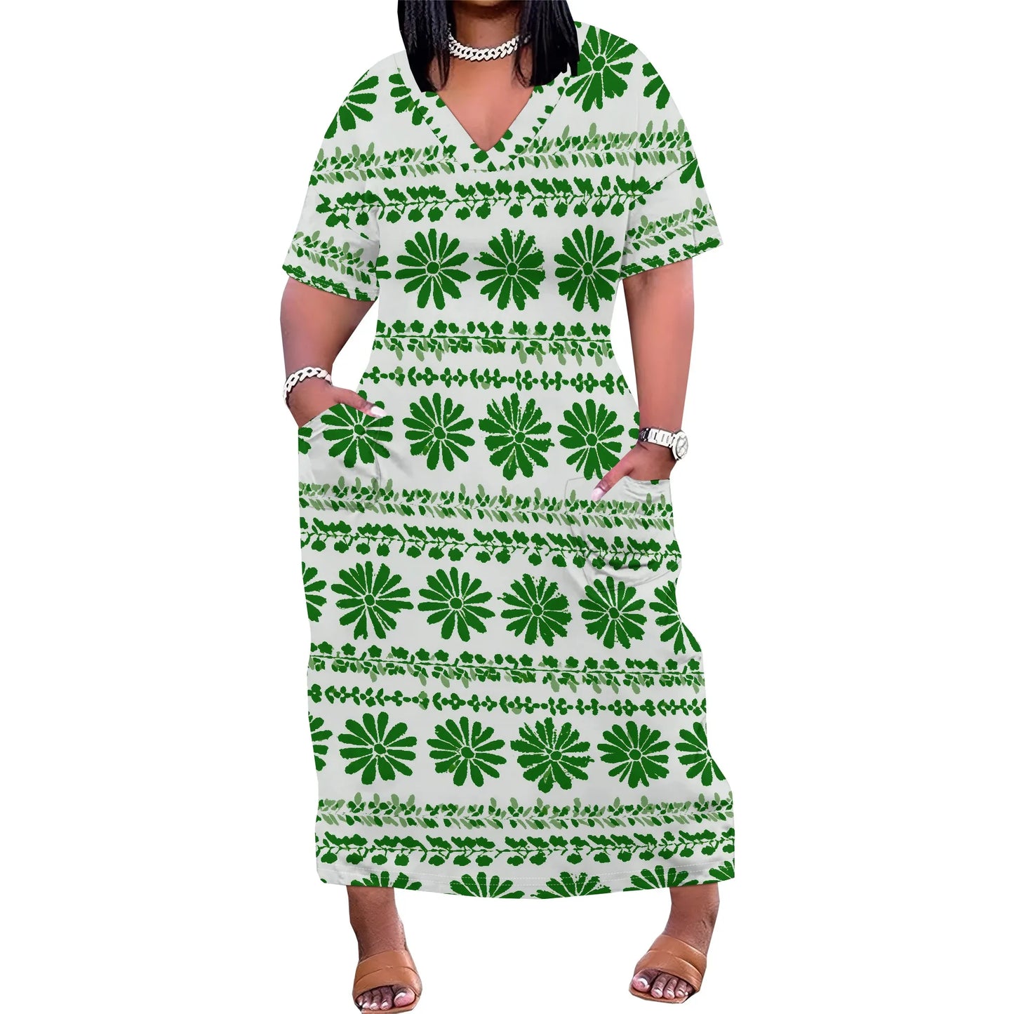 Women's Plus Size African Print Dresses Casual Loose Pocket Short Sleeve Long Maxi Dress
