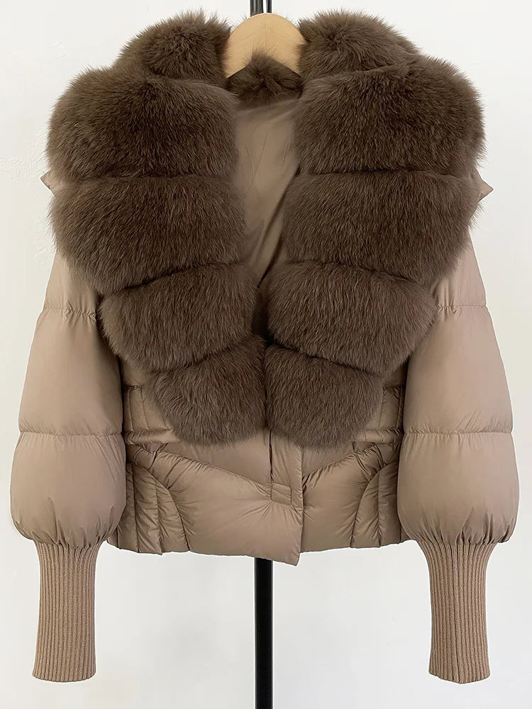 ZMEENNA Women's Black Puffer Down Jacket With Large Real Fur Collar Short Warm Winter Coat Knit Cuffs Elegant Outerwear