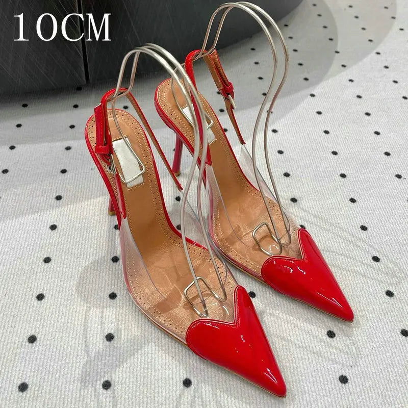Manufacturer  New Pointy Peach Heart Fine Heel Shoes Sexy Pvc Transparent Film Black Patent Leather High Heel Overhead Sandals   Pumps