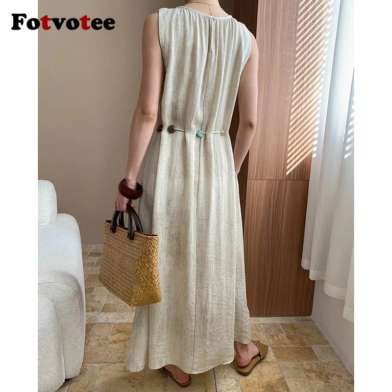 FOTVOTEE Elegant Simple Long Dresses for Women Vintage Bead Lace Up Sleeveless Dress Vacation Casual Temperament Ladies Vestidos