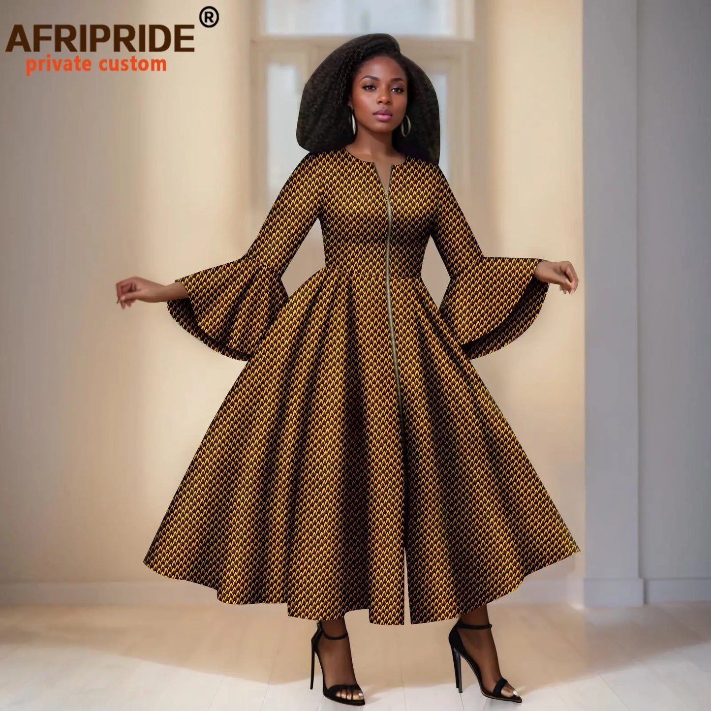 African Print Dresses for Women Flare Sleeve Elegant Zip Maxi Dress Party Attire for Lady Dashiki Long Dress