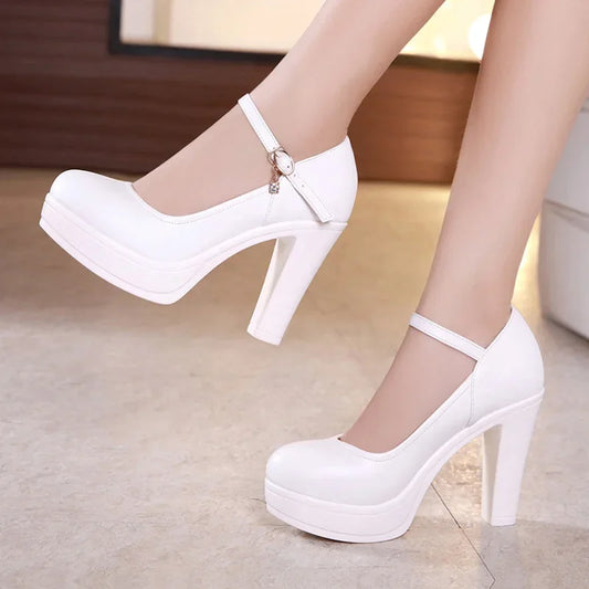 Manufacturer   Small Size 32-43 Shallow Thick Bottom White Silver Wedding Shoes Bride Platform Pumps Block High Heels Shoes for Model Mom   Pumps