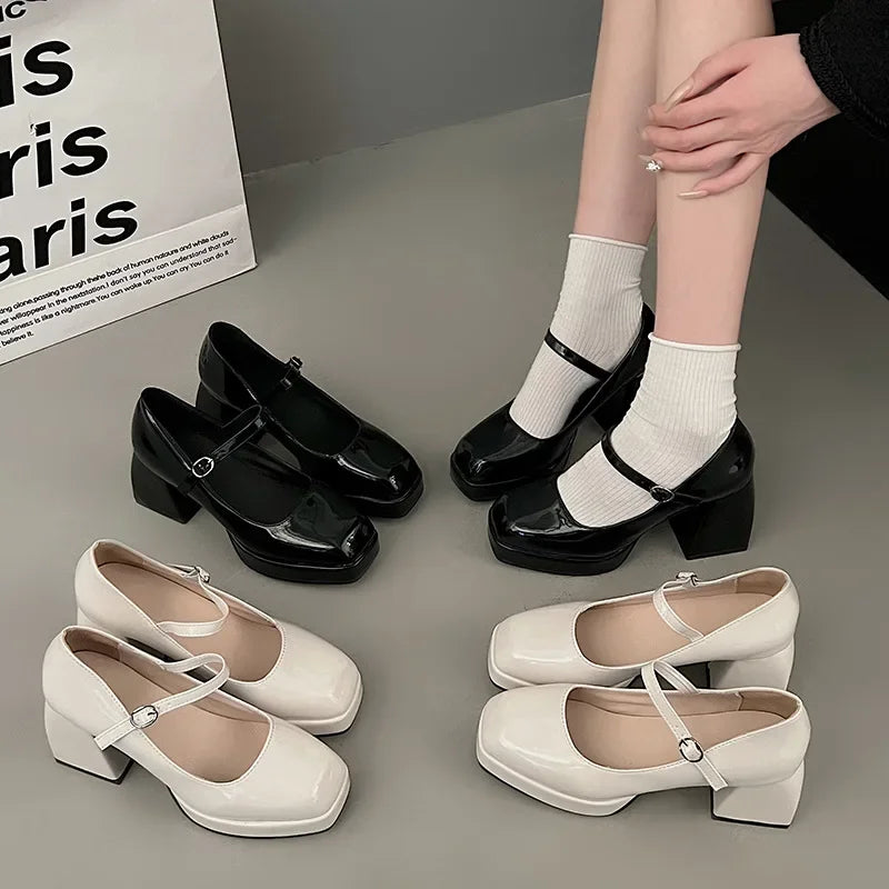Manufacturer   Women's Chunky Heel Mary Janes Shoes Large Size Spring New Style French Design Thick Bottom Retro Single Shoes PU Leather   Pumps
