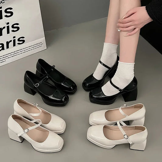 Manufacturer   Women's Chunky Heel Mary Janes Shoes Large Size Spring New Style French Design Thick Bottom Retro Single Shoes PU Leather   Pumps