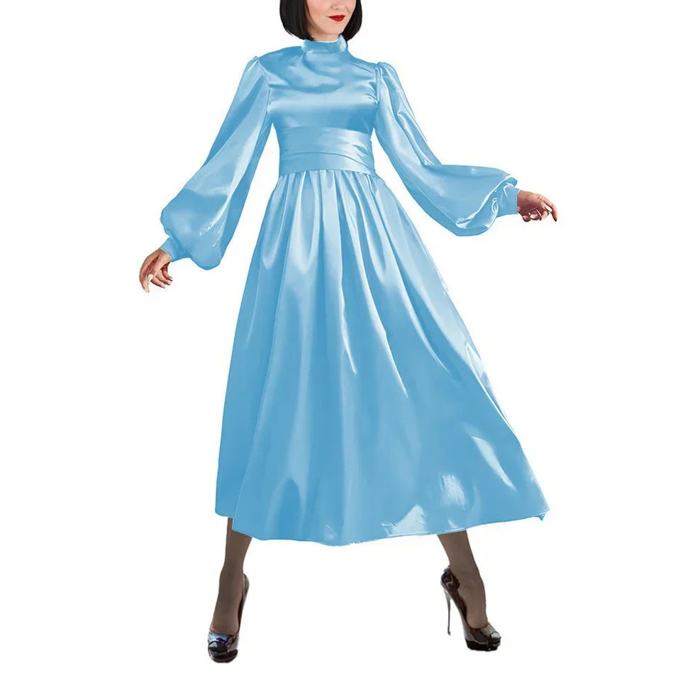 Plus Size Satin Evening Dress Elegant Drape High Neck Long Sleeve Dress Ladies Party Belted Long Gown Women A-Line Prom Dress