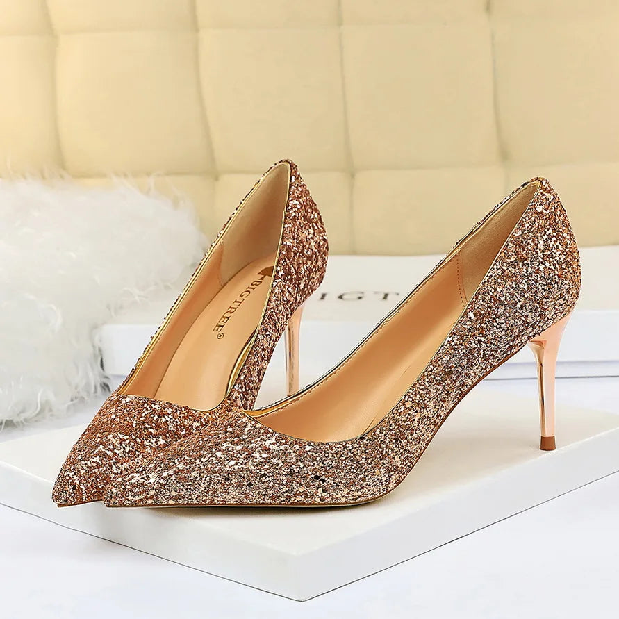 Manufacturer   Women 7cm 9.5cm High Heels Pumps Wedding Bridal Scarpins Sparkly Mid Heels Lady Party Sequins Glitter Evening Gold Silver Shoes   Pumps