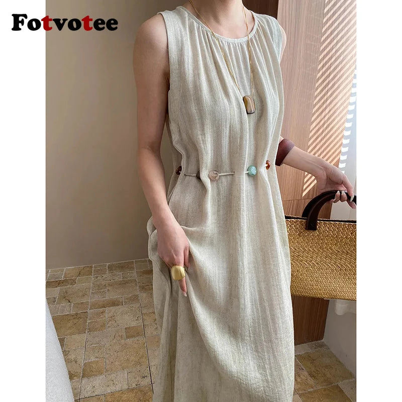 FOTVOTEE Elegant Simple Long Dresses for Women Vintage Bead Lace Up Sleeveless Dress Vacation Casual Temperament Ladies Vestidos