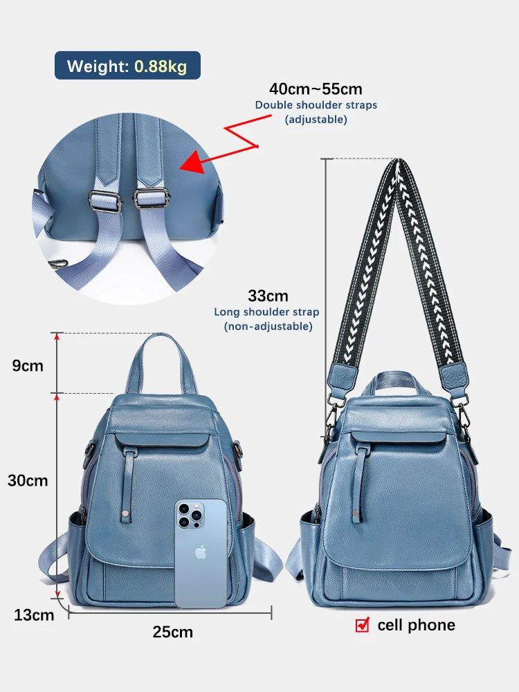 Zency Genuine Leather Women's Fashion Backpack High Quality School Travel Shoulder Bag Satchel Rucksack Multifunctional Pockets