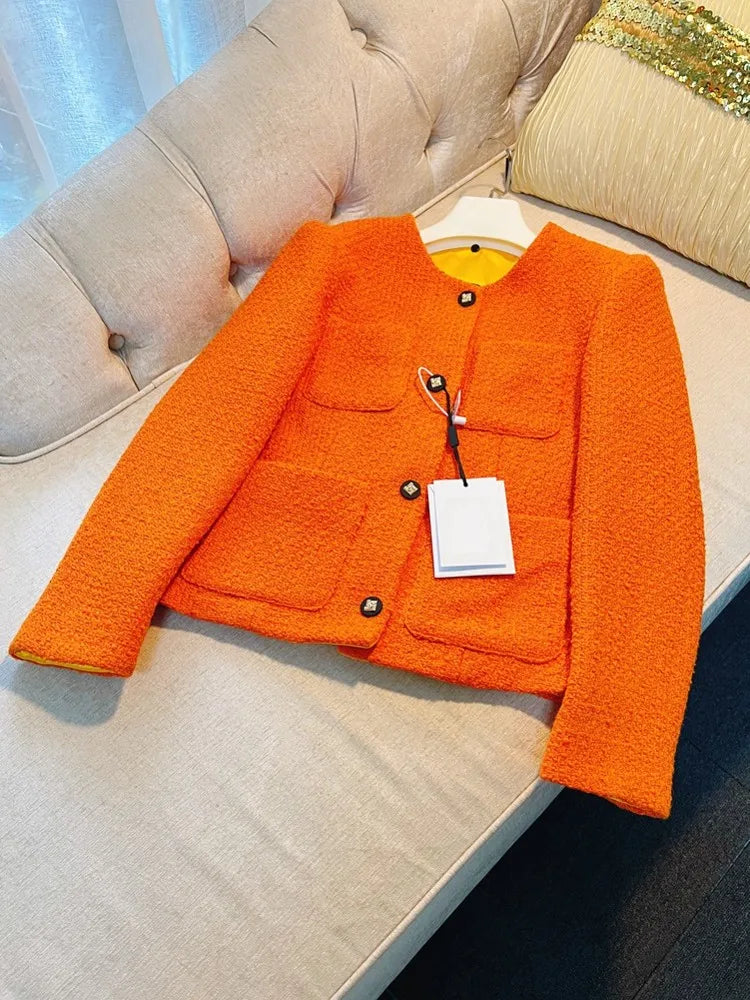 Top Quality Elegant Women Autumn Orange Wool Jacket Office Ladies Work Coat Single Breasted Party Straight Woolen Jacket Outwear