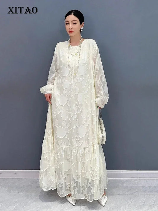 Gauze Patchwork Print Dresses Solid Color Pullover Long Sleeve Loose Fashion Temperament Dress  Spring New
