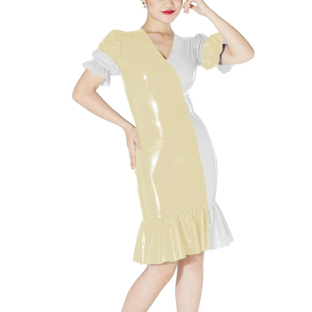 Plus Size Knee-length Patchwork Dress Glossy Faux Leather Party Bodycon Short Sleeve Dress Back Zipper Ruffles Hem Womens Dress