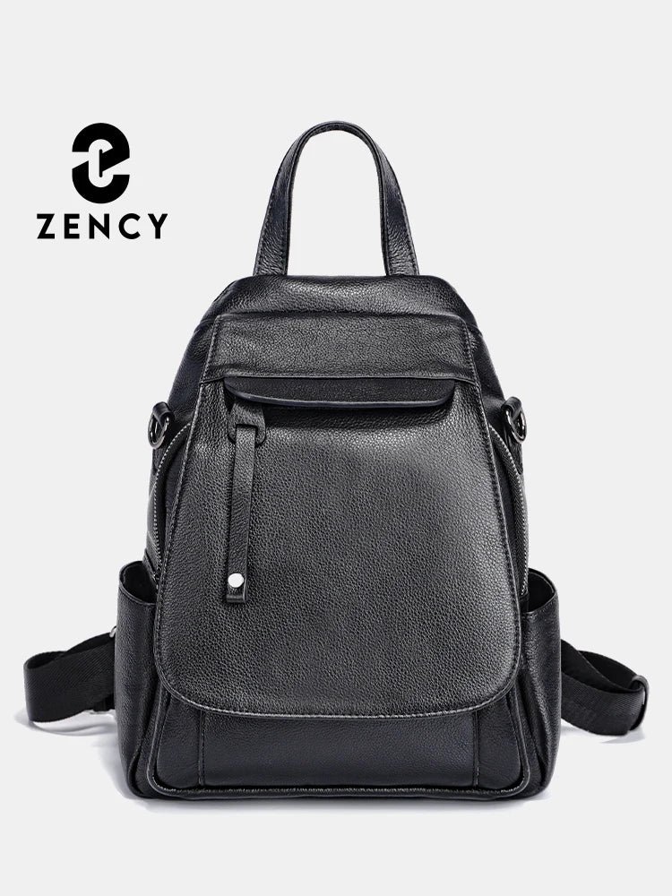 Zency Genuine Leather Women's Fashion Backpack High Quality School Travel Shoulder Bag Satchel Rucksack Multifunctional Pockets