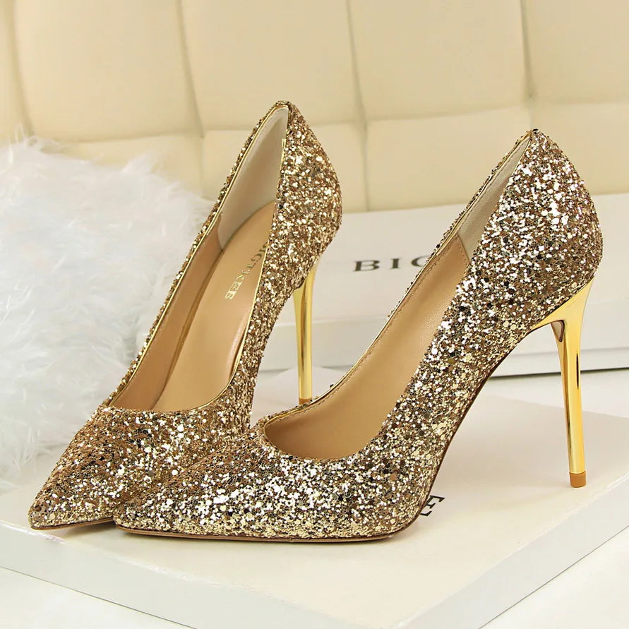 Manufacturer   Women 7cm 9.5cm High Heels Pumps Wedding Bridal Scarpins Sparkly Mid Heels Lady Party Sequins Glitter Evening Gold Silver Shoes   Pumps