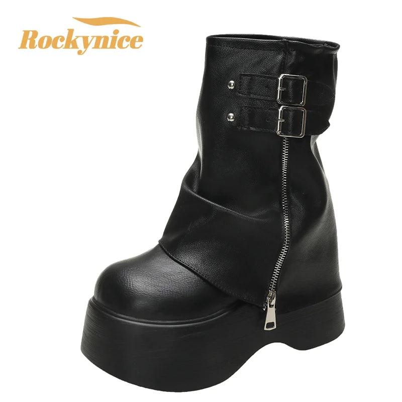 Manufacturer   Soft Leather Ankle Mid Calf Boots Winter Autumn High Platform Wedge British Booties Woman New Ladies Chunky Motorcycle Boots 9CM   boots