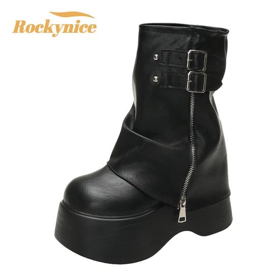 Manufacturer   Soft Leather Ankle Mid Calf Boots Winter Autumn High Platform Wedge British Booties Woman New Ladies Chunky Motorcycle Boots 9CM   boots