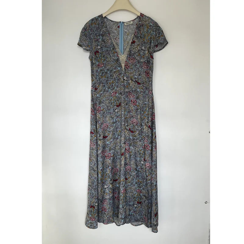 Women Short Sleeve Dress Female Casual V-Neck Long Dresses Lady Floral Print Lace Robes  New Split Jupes