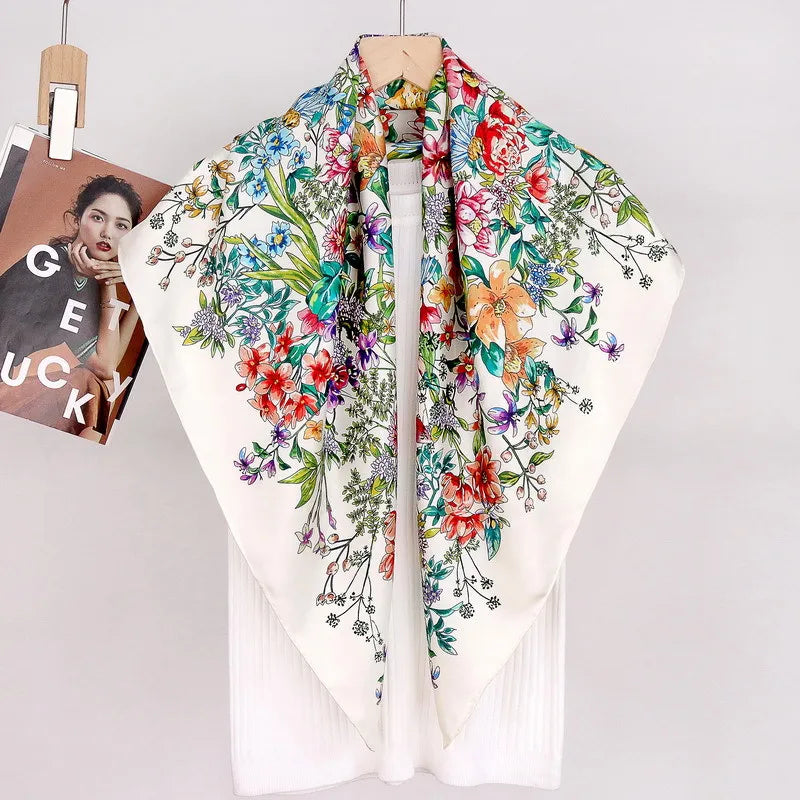 Floral Print 100% Silk Head Scarves Hijab for Hair Wrapping Square 90 Silk Bandana Scarf Neckerchief