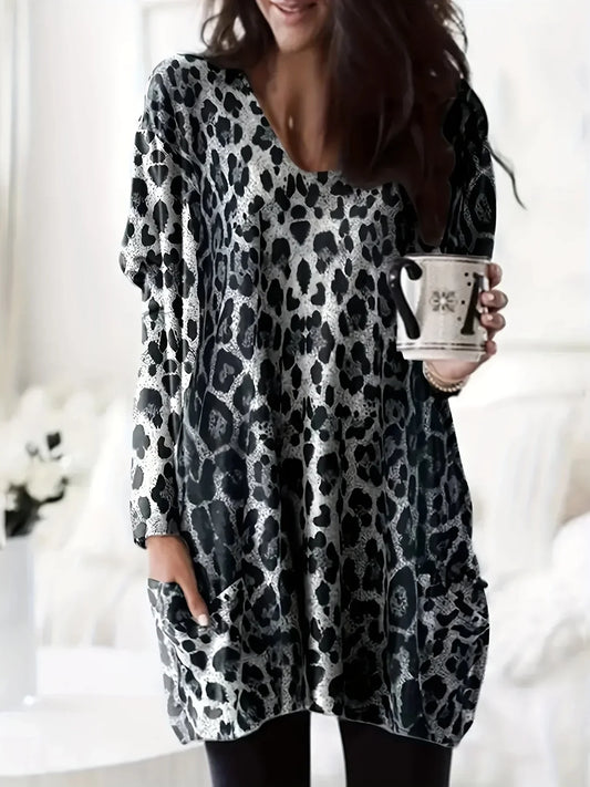 Women's Fashion Plus Size 1XL-5XL Christmas Printed Pocket Long Sleeved T-shirts  Ladies Autumn New Home Clothes Tops