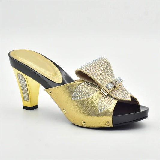 Manufacturer   Gold Color Women Slippers Shoes African Women Wedding Shoes Elegant Italian Woman Shoes with Stone High Heels Woman Summer Pumps   Pumps