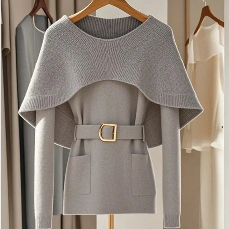 Retro Soft Knitted Sweater For Women Autumn Winter Gray Cape Sweater Elegant Commuting Pullover Top Loose Casual Outerwear