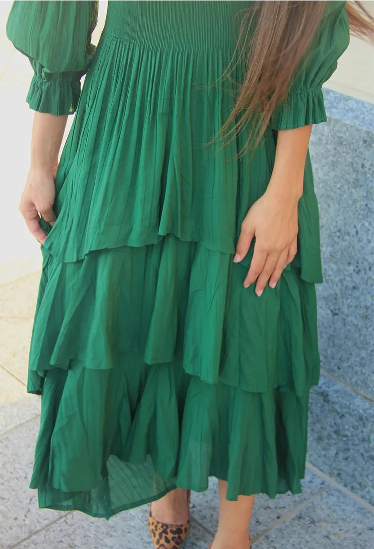 Miyake Folds  Summer New Lantern Sleeve Dress Solid Color Lotus Edge Long Skirt