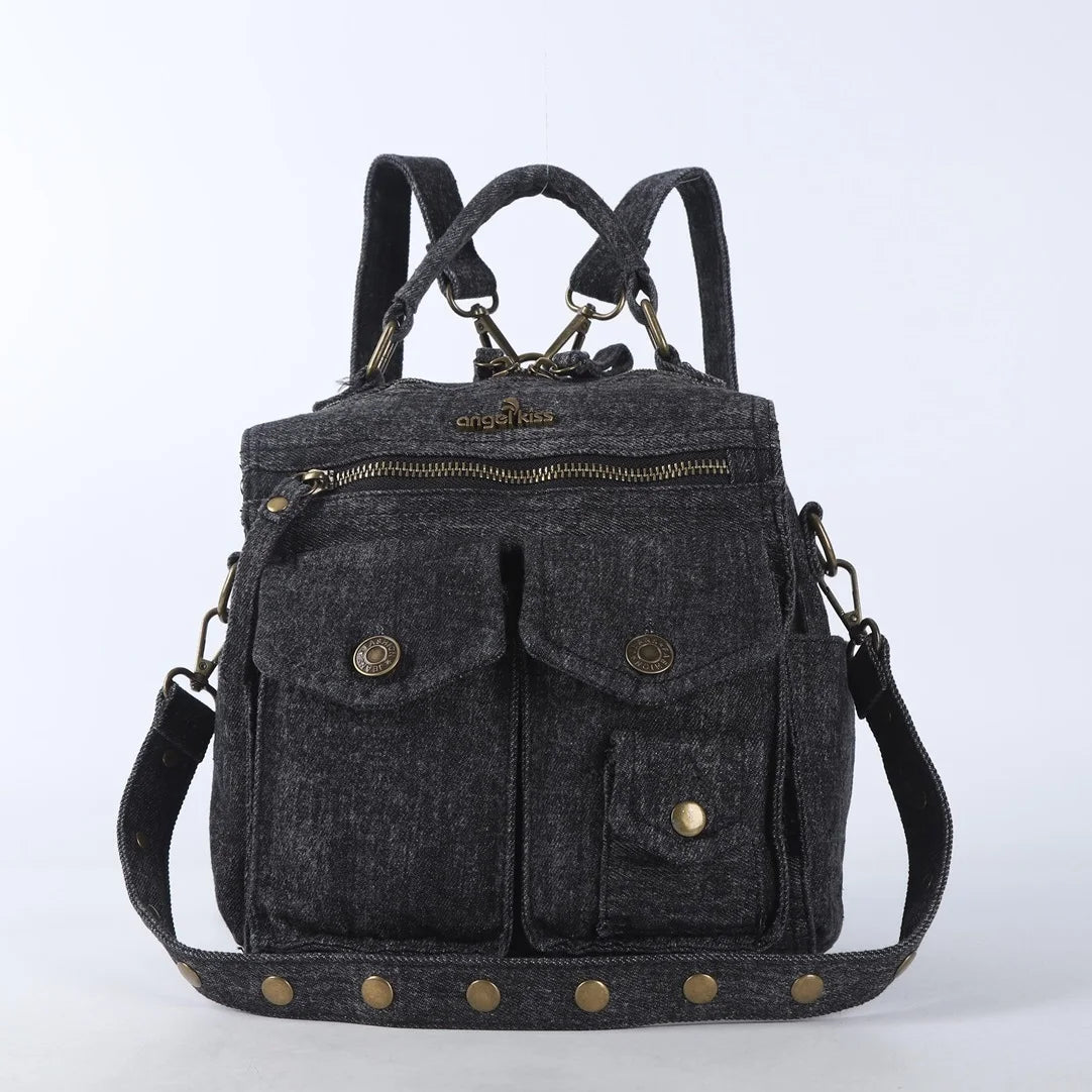 Denim Bag Women Small Backpack Satchel Top-handle Handbag PU Shoulder Bag Dumpling Fashion Multi-pockets Backpack