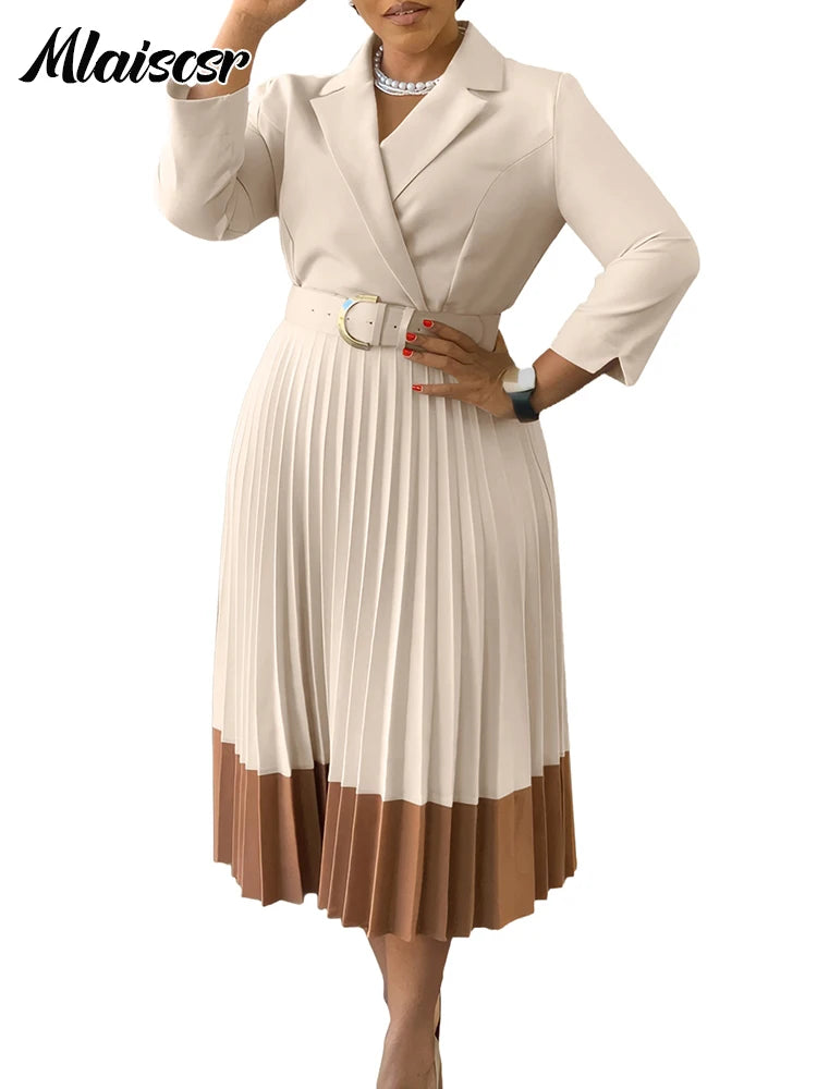 Mlaiscsr Elegant Long Sleeve Solid High Waist A Line Pleated Dress with Belt Women Office Lady African Birthday Evening Vestidos