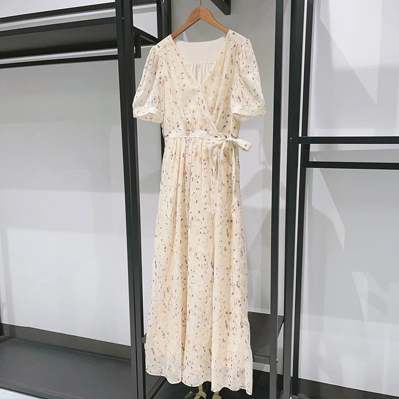 Summer New Floral Print Lace-Up Wrap Dress for Ladies V-Neck Short-Sleeved High-Waisted Slim Temperament Open Long Robe