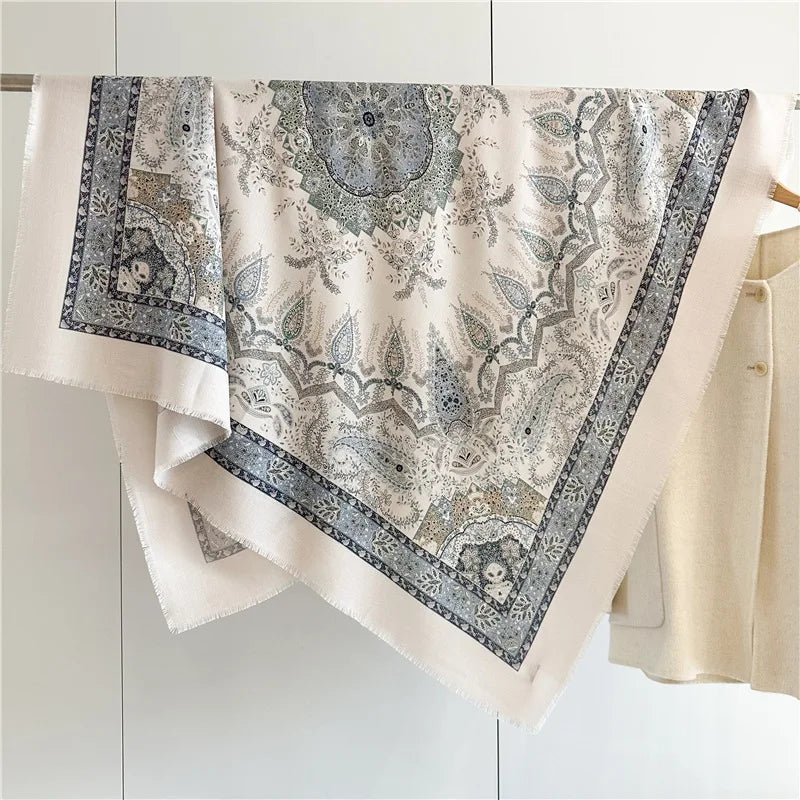Double Sided Tassels Scarf Luxury Women Warm Silk Wool Shawl 140cm Pashmina Vintage Foulard Head Bag Wrap Stole Christmas Gift