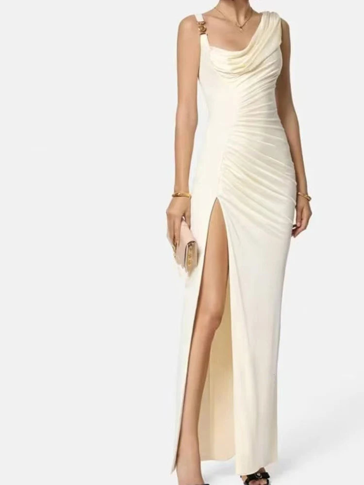 Ladies irregular pleated solid color slim high waist split temperament dress summer new metal buckle long skirt with suspenders.
