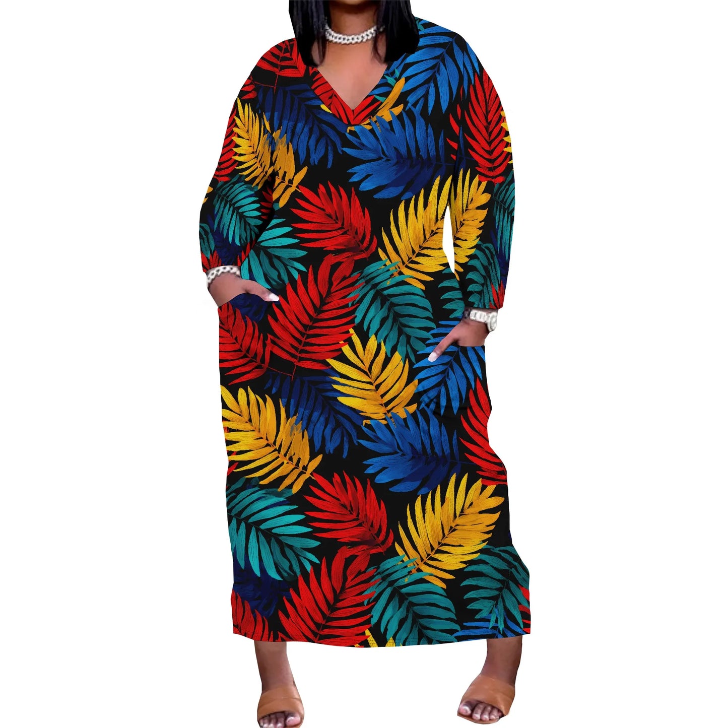Oversized Baggy Summer Womens Print Dresses Sexy Casual T-Shirt V Neck Long Sleeve Maxi Dress with Pocket