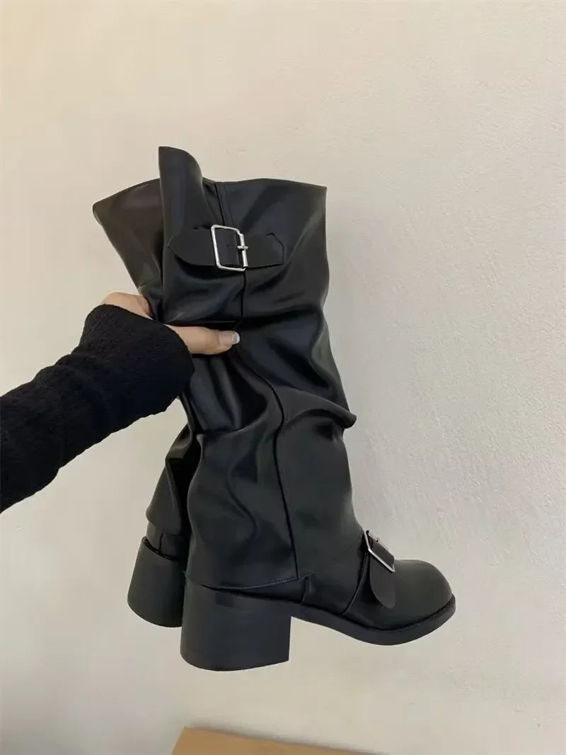 Manufacturer   Woman Boots Knee High Platform Chunky Heels Trend Punk Gothic New Rock Leather Fashion Women's Shoes Motorcycle Footwear Q221   boots