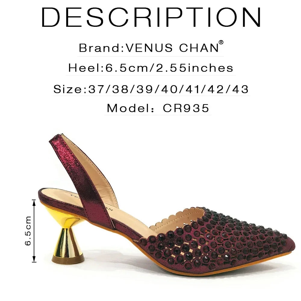 Manufacturer   Venus Chan Pointed Toe Heels for Women  Elegant Party Wine Color Full Diamond Pumps Italian Shoes and Bags Matching Set   Pumps