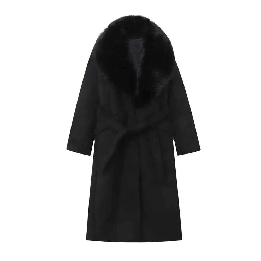 TWOTWINSTYLE Basics Patchwork Lace Up Coats for Women Lapel Spliced Artificial Fur Long Sleeve Midi Length Jacket Female Winter