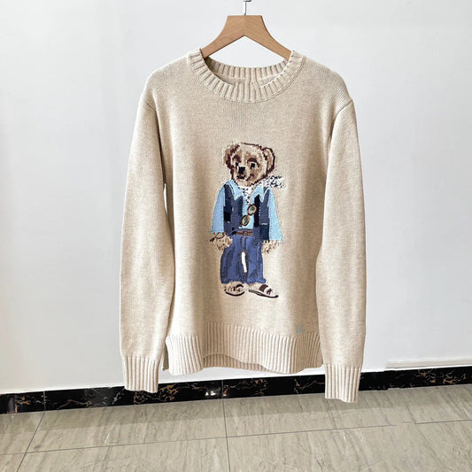 New classic denim jacket, sunglasses, teddy bear embroidery, pure cotton loose and versatile knitted women's pullover sweater