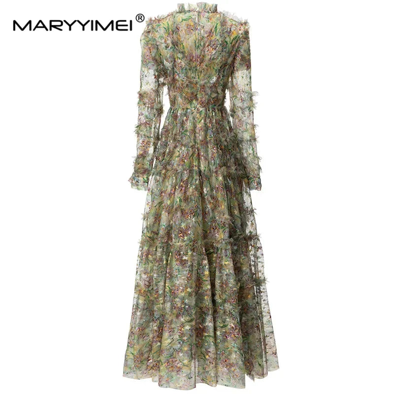 MARYYIMEI New Fashion Runway Dress Women's Round Collar Sheer Long Sleeves Mesh Flower Print Fungus Edge Patchwork Tiered Dress