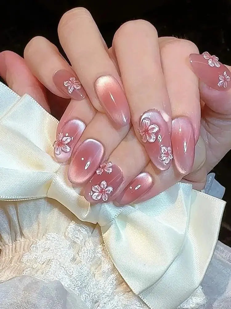 10Pcs Handmade Manicure Short Almond Fake Nails Cute 3D Cat Eye Limited Nails Press On Nails Design with Adhesive Nail File Set
