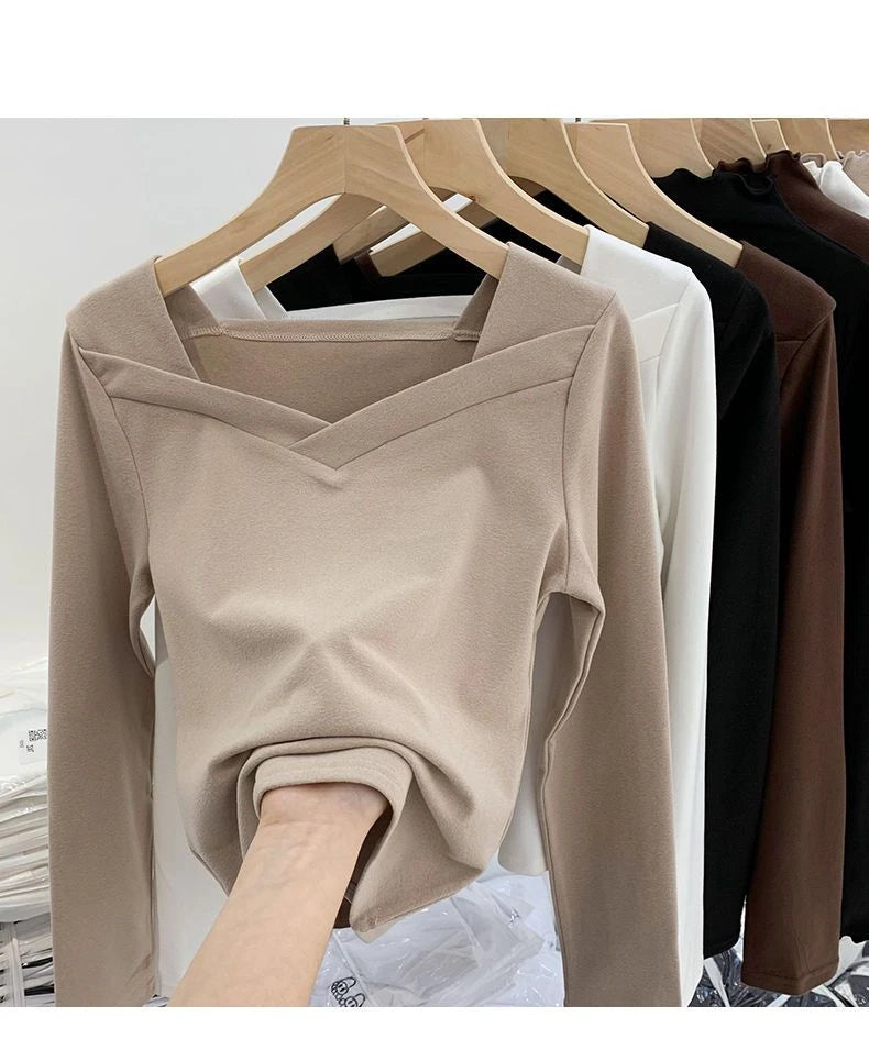 Women Turtleneck Full Sleeve Folds T Shirts Lady High Quality Elegant Elastic Tops Tees Female T-Shirts