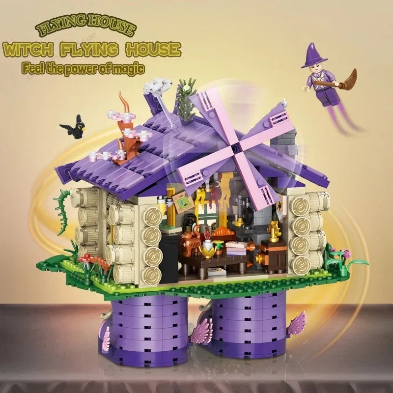 Witch Flying Log Cabin Building Blocks Magic Wooden House Model Ornaments Children’s Educational Assembled Toys Halloween Gifts