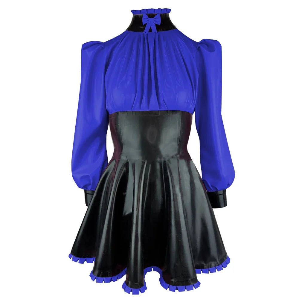 Plus Size High Neck Bow Patchwork Black Faux Latex Mini Dress Women Long Sleeves Slim Fit Ruffled A-line Dress Cocktail Gown
