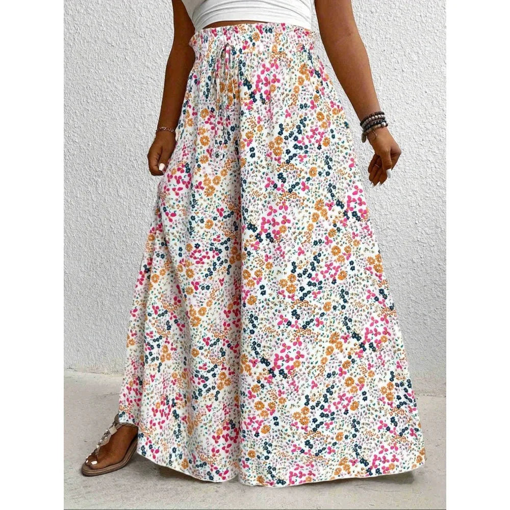 Plus Size 1XL-5XL Women Fashion Floral Print Wide Leg Pants Female Casual  Elegant Drawstring High Waisted Loose Long Trousers dress