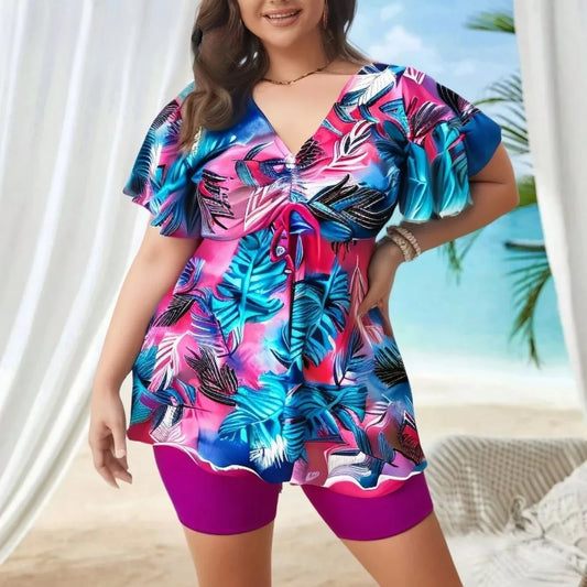 Women's Plus Size Tankini Swimsuits Two Piece Bathing Suits Printed Short Sleeve Swim Tops And High Waist Shorts Swimwear