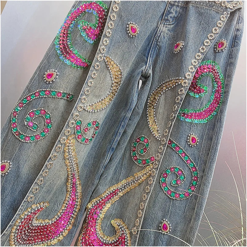 WHITNEY WANG Designer Style  Autumn Winter Fashion Streetwear Sequins Diamonds Wide Leg  Jeans Women Denim Pant Size S-5XL