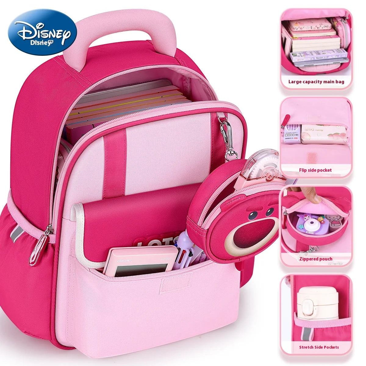 Disney Strawberry Bear Schoolbag, Girls' Kindergarten Backpack, 3-6 Years Old Children'S Plush Design, Detachable Badge Backpack  bag