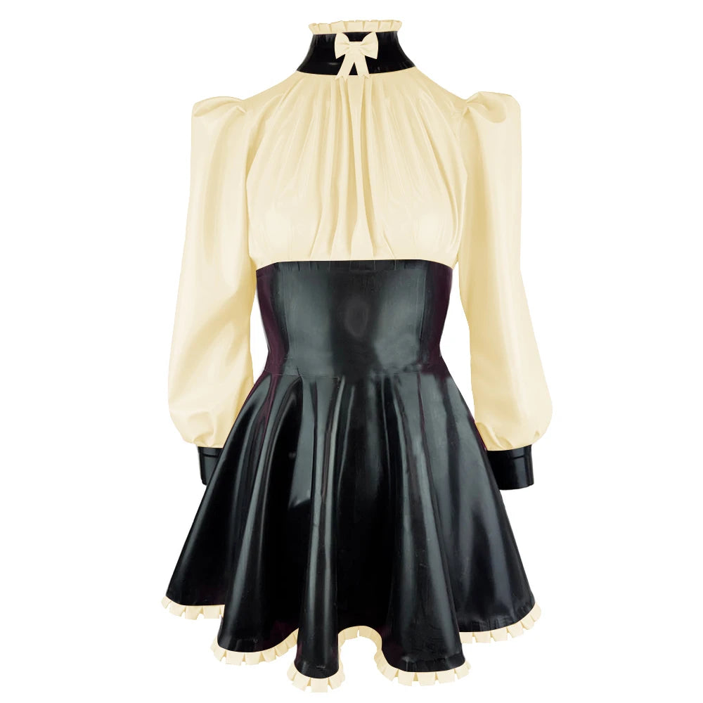 Plus Size High Neck Bow Patchwork Black Faux Latex Mini Dress Women Long Sleeves Slim Fit Ruffled A-line Dress Cocktail Gown
