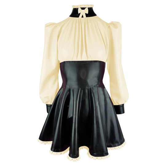 Plus Size High Neck Bow Patchwork Black Faux Latex Mini Dress Women Long Sleeves Slim Fit Ruffled A-line Dress Cocktail Gown
