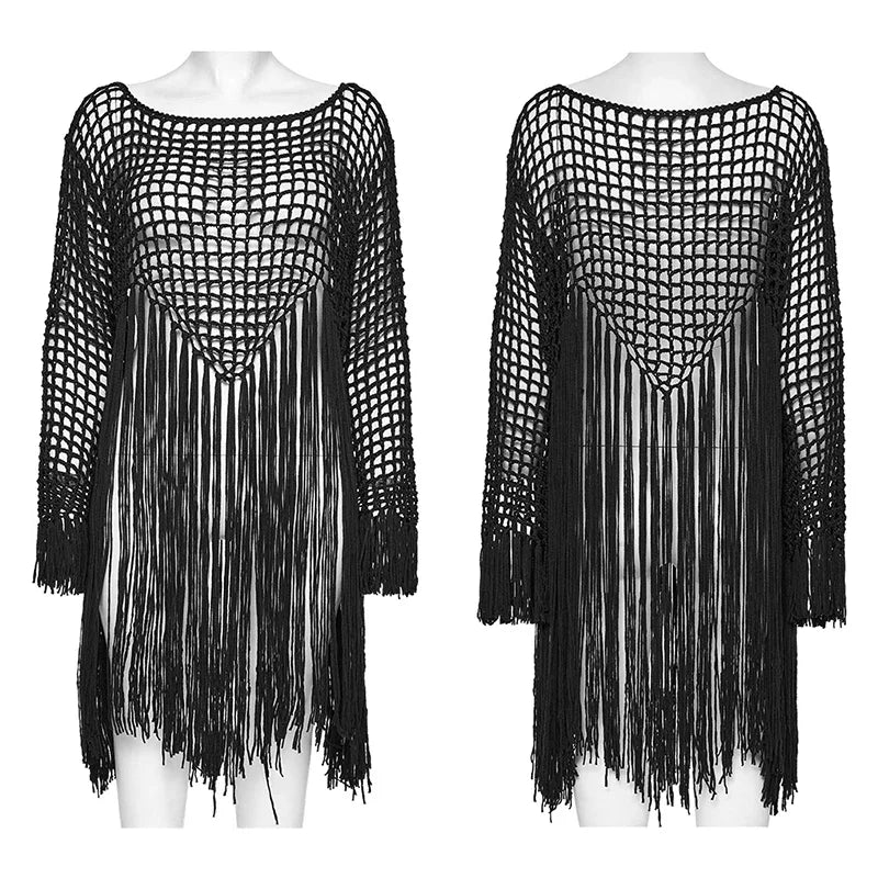 PUNK RAVE Women's Gothic Sexy Hollow Out Tassels Sweater Decadent Personalized Pointed Design Dark Loose Tops Pullovers