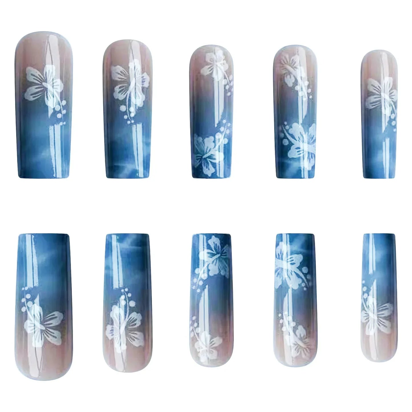 24pcs Y2k Summer Sea Blue Gradient Fake Nails With Water Ripples Designs Long Square Coffin False Nails Set Press On Nail Tips